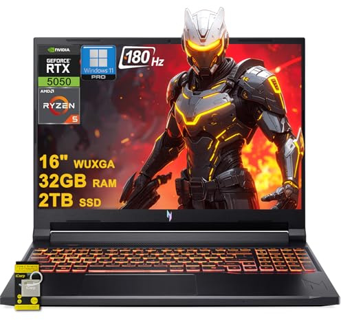 acer Nitro V 16 AI Gaming Laptop 16 WUXGA IPS 180Hz AMD Zen 4 6-core Ryzen 5 240 32GB DDR5 2TB SSD GeForce RTX 5050 (Up to 421 AI Tops) Backlit Win11Pro w/ICP Hub