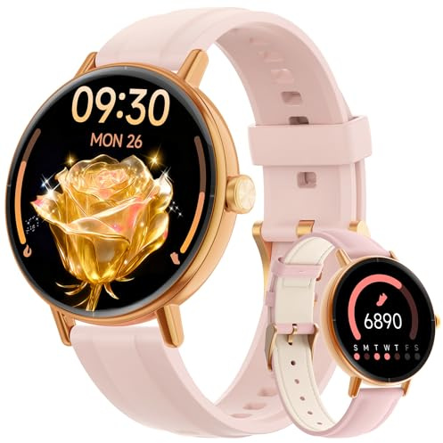 Smart Watches for Women Answer Make Call,1.27 HD Dynamic Dial Fitness Watch with Heart Rate Slee SpO2，Leahter Ladies Smartwatch for iPhone,Samsung,Android,IP68 Waterproof,110+ Sport Mode-Pink Rose