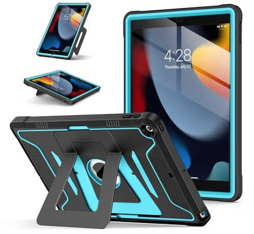 Soke Custodia per iPad di 9a/8a/7a generazione da 10,2 pollici (versione 2021/2020/2019), con pellicola protettiva e cavalletto multiangolo, robusta custodia protettiva resistente - nero blu