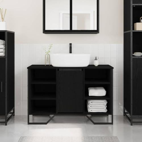 QZZCED Armadio per lavabo con anta in rovere nero, 91 x 35 x 60 cm, mobile da bagno rustico in legno resistente, design compatto e funzionale per la conservazione, facile montaggio