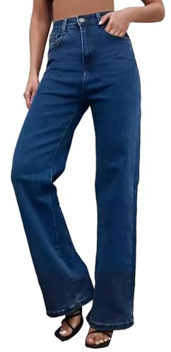 Stretch jeans för kvinnor hög midja rakt ben, lös passform denim jeans hög elasticitet raka tub denimbyxor knapp med dragkedja flugstängning palazzo byxor bekväma stretchiga jeggings, Mörkblått, 3XL
