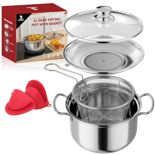 4L/4.2Qt Deep Fryer Pot with Basket, Small Multi-Functional Stainless Steel Stove Top Deep Frying Pot with Basket and Lid & Splatter Guard For Frying, Stewing, Boiling for Home Use