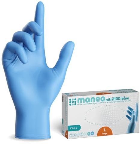maneo 1000 guanti monouso blu taglia L, guanti in nitrile senza polvere e senza lattice, articoli in gomma monouso resistenti per pulizia, cucina e uso domestico
