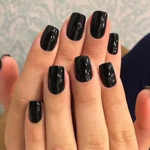 Nymora 24 Stück Press On Nails, Kurz Square, Schwarz – Salonqualität Soft Gel Nägel zum Aufkleben, Natürliches Tragegefühl & 1-3 Wochen Halt