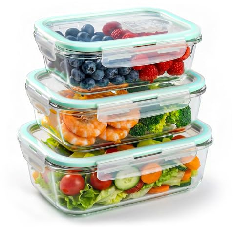 Toyzy Glass containers with lids 3 Pack, BPA-Free, Office & Fitness
