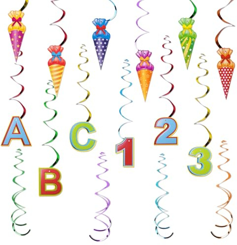 30 Stück Einschulung Deko Spirale Anhänger, mit Zuckertüten ABC 123 Schulanfang Party Dekoration, hängende Wirbel Girlande für Grundschule Schuleinführung Mädchen Jungen