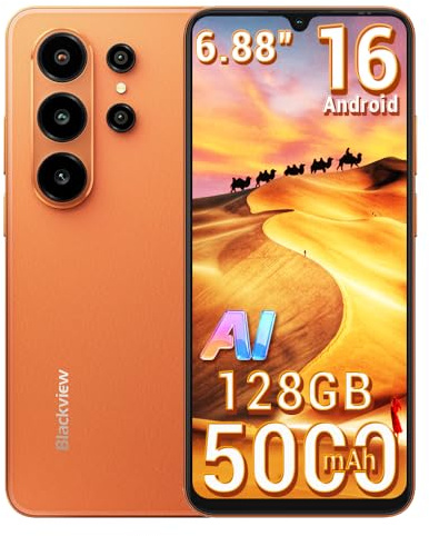Blackview Wave 10C Android 16 Smartphone Pas Cher, 16Go+128Go/2To Telephone Portable Écran 6.88 HD+, 32MP+13MP, Octa Core, 5000mAh, 4G LTE Double SIM Débloqué, WiFi 5/OTG/FM/Empreinte/Coque, Orange