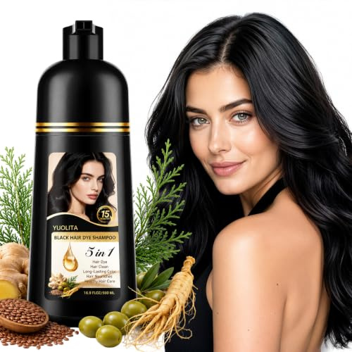 5 in 1 Shampoing Colorant Noir, 500ML Shampooing Teinture Cheveux Blancs, Naturelle Instantanée Hair Dye Shampoo, Color Shampoo pour Hommes et Femmes, Shampoing Cheveux Colorés