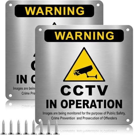 2 Pack CCTV in Operation Sign, 15x15cm Metal Signs for Outside, Weatherproof Aluminum CCTV Signage with 8 Screws for Home and Business Security