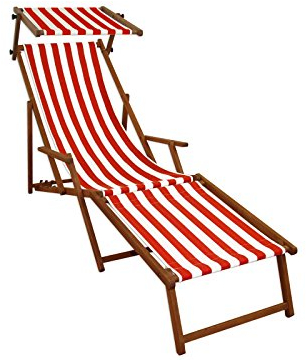Lungo Sdraio a Righe Bianco-Rossa con braccioli in Faggio con poggiapiedi e Parasole 10-314FS