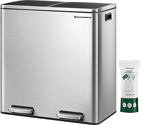 SONGMICS Dual Rubbish Bin, 2 x 30L Recycling Bin with 15 Rubbish Bags, 2-Compartment Metal Pedal Bin with Lids and Plastic Inner Buckets, Soft Closure, Silver and Black LTB60NL
