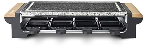 H.Koenig Grill Multifonction Pierre à cuire/granit amovible 2 en 1 avec Appareil à raclette 8 personnes RP328 design en bois, Accessoires 8 poêles antiadhésifs, Cuisson Fromage Viande Légumes