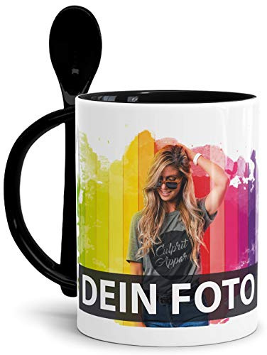 Tasse selbst individuell gestalten/Personalisierbar mit eigenem Foto bedrucken/Fototasse/Motivtasse/Werbetasse/Firmentasse mit Logo/Löffeltasse Klassik Schwarz