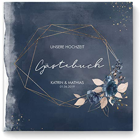 DeinWeddingshop Gästebuch Hochzeit - personalisiert - Hochzeitsgästebuch, Hardcover 21x21 cm (Inhalt mit Fragen, Watercolor Breeze)