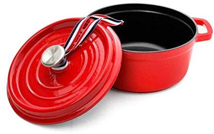 Forno olandese in ghisa smaltata, 2 manici, colore rosso, 4 litri