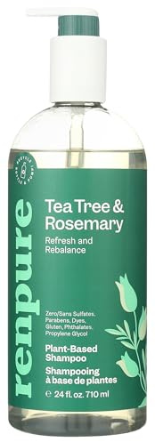 Renpure Plant Based Tea Tree and Rosemary Refresh and Rebalance Shampoo - Soothes Dry Scalp - Delivers Moisture and Shine - Rids Hair of Grime - Dye Free - Recyclable, Pump Bottle Design - 24 fl oz