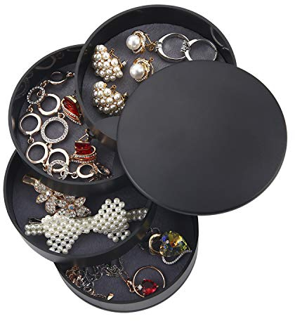 Ulikey Runde Form Schmuckkästchen, Tower Kosmetik Organizer, 4 Ebenen Drehbar Schmuckschatull, Schmuckaufbewahrung für Ringe Ohrringe Halskette,Geburtstag Mädchen Frauen Geschenk (Schwarz)