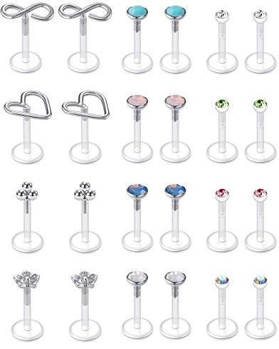 AceFun 14G-22G Piercing Retainers Set Acryl Bioflex Edelstahl Plastik Lippe Nase Augenbraue Zunge Bauchnabel Ohr Piercing Kit Klare Nasenring Piercing Bunte CZ für Frauen Männer