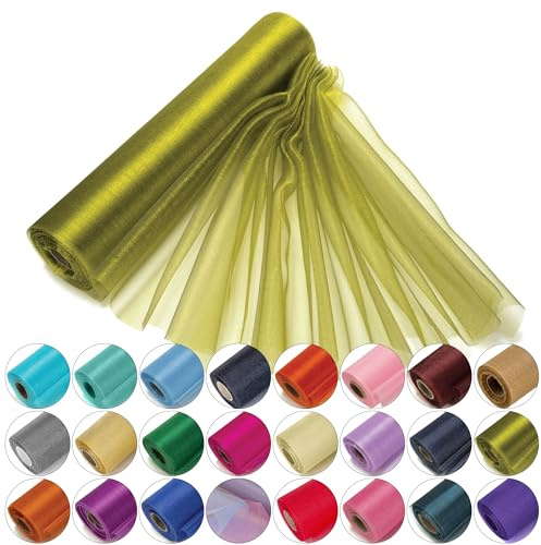Trimming Shop Snow Sheer Organza Roll 25m x 29cm Glitter Sashes Olive Green | Table runner, chair bow and swags fabric for wedding décor, parties and ribbon craft projects