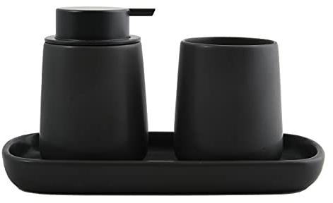 MSV Badezimmer Set, 3-teiliges Badzubehör aus Keramik Maonie Seifenspender, Badablage für Schmuck und Zahnputzbecher Schwarz