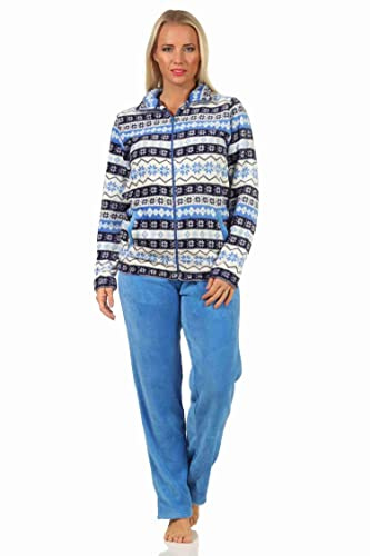 NORMANN-Wäschefabrik Toller Damen Hausanzug aus Coralfleece in wunderschöner winterlichen Optik - 202 216 959, Farbe:blau, Größe:44/46