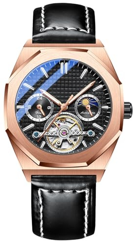 RORIOS Herrklockor självlysande händer automatisk mekanisk klocka med läderrem självuppdragande turbillon armbandsur för män, Rosa svart, 240MM