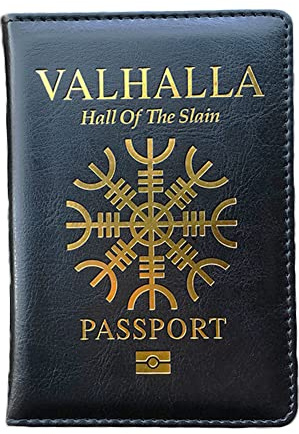 PBTMCD Vikinger Valhalla Travel Passport Wallet Cover Wallet, Impfpass, Lederetui, Herrengeschenk für Vater, Ehemann, Freund, Amulett, Geschenk,Schwarz