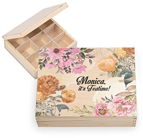 Personalisiertes Geschenk Holz-Tee-Box Teekiste mit Namen DEIN TEXT 20,5 x 23,5 cm Aufbewahrungsbox für Tee aus Holz mit 9 Fächern Tee-Organizer mit individuellem UV-Druck Motiv Teatime [160]