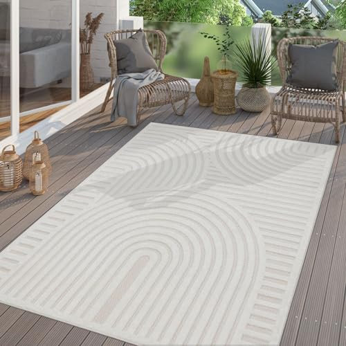 TT Home In-& Outdoor Teppich Wetterfest Balkon Küche Wohnzimmer Boho Skandi Design, Farbe:Hellgrau Creme, Größe:80x150 cm
