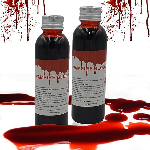 Jingyukj Kit de Sangre Falsa,Sangre liquida,2x60ml Profesional Realista Sangre Falsa,Sangre Artificial Lavable Vampiro Zombi para Halloween Carnaval Sangre Artificial Rojo Gel de Sangre Falsa SFX
