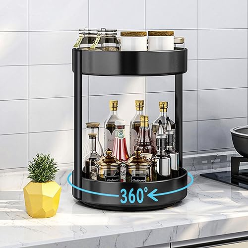 Drehteller,Gewürzregal Drehbar,2 Etagen Drehteller Organizer 360 Rotatable Drehteller Organizer für Küche Speisekammer Schrank Schrank Tisch Arbeitsplatte Stahl Metall, （30cm Schwarz）