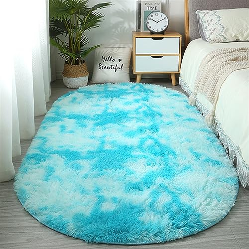 BESTORI Waschbarer Hochflor Teppich Wohnzimmer Flauschig Fellteppich Shaggy Weich Ovaler Teppich für Kinderzimmer Schlafzimmer Arbeitszimmer Blau, 80 x 160 cm