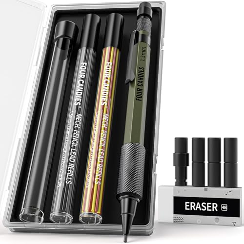 Four Candies 1,3 mm Porte Mines avec étui, Porte-mines D'extérieur en Métal avec 24 Recharges (Rouge, Noir, Jaune), Gomme, 6 Gommes pour Architecte, Dessinateur,Menuisier