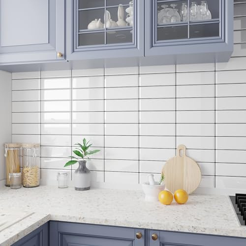 VEELIKE Piastrelle Adesive Cucina Bianco Rettangoli Lucida 3d Mattonelle Adesive Bagno Impermeabile Adesivi per Piastrelle Tinta Unita Piastrelle Cucina Paraschizzi Rivestimento 30.5cmx 30.5cm 6 Pezzi