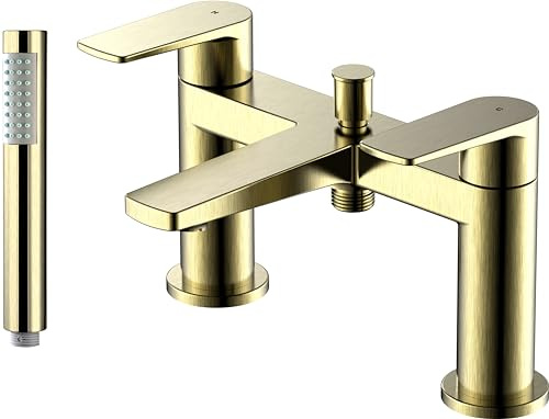 Home Range Brushed Gold Bath Shower Mixer Tap | Dual Lever Modern Design | Brass Construction | Brushed Gold Finish | Comes with Shower Head, Holder & Hose