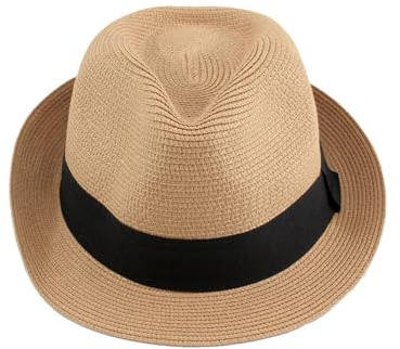 Carnavalife Cappello Panama unisex, cappello di paglia, cappello da donna e uomo, cappello a tesa corta, cappello estivo con protezione solare UPF 50+, cappello da spiaggia Fedora, marrone, 57