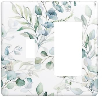 Watercolor Green Eucalyptus Saga Boho Leaves Decorative Single Toggle/Rocker Combo Light Switch Cover 2-Gang Electrical Wall Plate Botanical Double Combination Switch Decorator GFCI Receptacle Cover