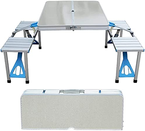 KGDJBGSE Tragbarer Campingtisch und Stühle, klappbarer Picknicktisch aus Aluminium mit 4 Sitzplätzen, Stühle mit Regenschirmloch, für drinnen und draußen, für Picknick, Party, Camping