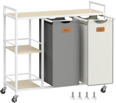 VASAGLE Wäschekorb 2 Fächer, Wäschesammler 100 L, Wäschesortierer, Rollen, Wäschewagen mit Ablagen, Wäschesack, mit abnehmbaren Taschen, 6 Etiketten, naturbeige-taubengrau-cremeweiß BLH311G01