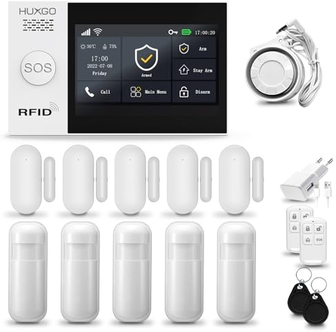 HUXGO® HXA007 Alarmanlage fürs Haus WiFi + GSM Set mit Sirene | Funk Alarmanlage Wohnung mit App. TUYA |Alarm System mit 5X Bewegungssensor, 5X Fensteralarm/Türsensoren | Smart Home