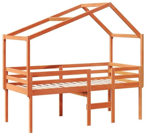vidaXL Hochbett, Kinderbett mit Dach Leiter Sperrholzlatten, Spielbett für Kinderzimmer, Bett Holzbett Einzelbett, Wachsbraun 80x200cm Massivholz Kiefer