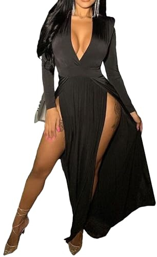DGCUPODE Doppelt hoch geschlitzte Lange Kleider für Damen Langärmeliges Maxi-Wickelkleid mit tiefem V-Ausschnitt Sexy Cocktail Club Partykleider