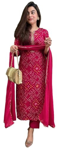 GoSriKi Conjunto de Kurta con Bandhej Estampado Recto de Mezcla de Rayón para Mujer con Pantalones y Dupatta, Rosa, XL