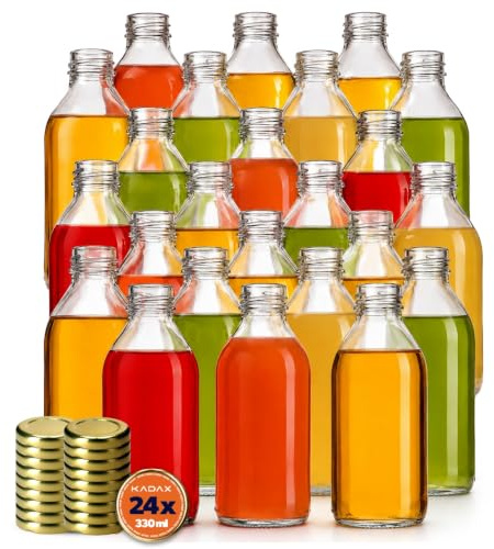 KADAX 24er Set Glasflaschen 330ml mit Schraubverschluss Gold – Leere Flaschen zum Befüllen für Saft, Likör, Öl, Essig & Sirup, Refillable Glass Bottles
