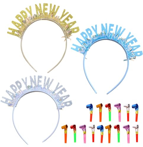EIHI 3 Pezzi fascia di Capodanno festa di Capodanno cake topper Include 15 fischietti per feste