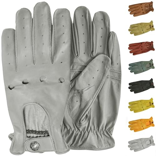 German Wear Lederhandschuhe Herren Autofahrerhandschuhe aus echtem Lammnappaleder Retro offener Handrücken perforierte Finger mit Druckknopf atmungsaktiv weich für Autofahren Rennsport Touring