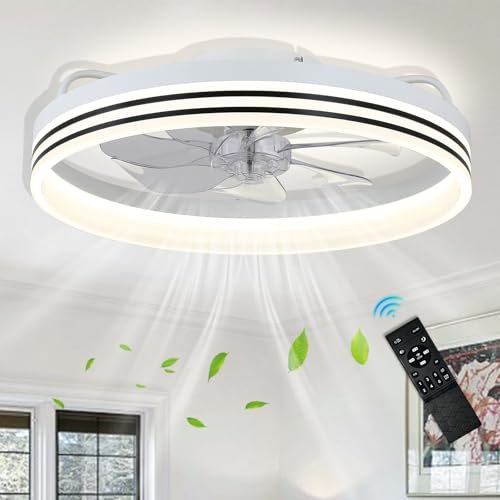FRIXCHUR White Dimmable LED Ceiling Fan with Lights Chandelier Fan with Remote Control Flush Mount Modern Indoor 19.7 LED Dimmable Low Profile Ceiling Fans,Smart 3 Light Color Change and 6 speeds