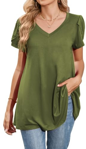 Enmain Dam T-shirt kortärmad blus v-ringad plus storlek tunika toppar elegant tulpan ärm swing toppar, Olivgrön, 3XL