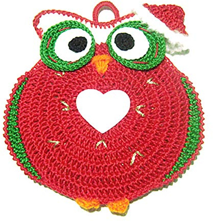 Presina di Natale ad uncinetto rossa a forma di gufetto in cotone 15x17 cm (38NT) - Made in Italy