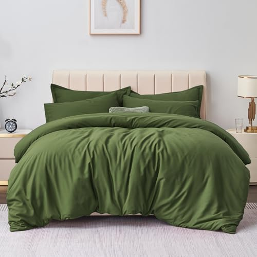 Aisbo Double Duvet Covers Set Olive Green - 3Pcs Bedding Set Double Bed Soft Brushed Microfiber Quilt Cover with 2 Pillowcases